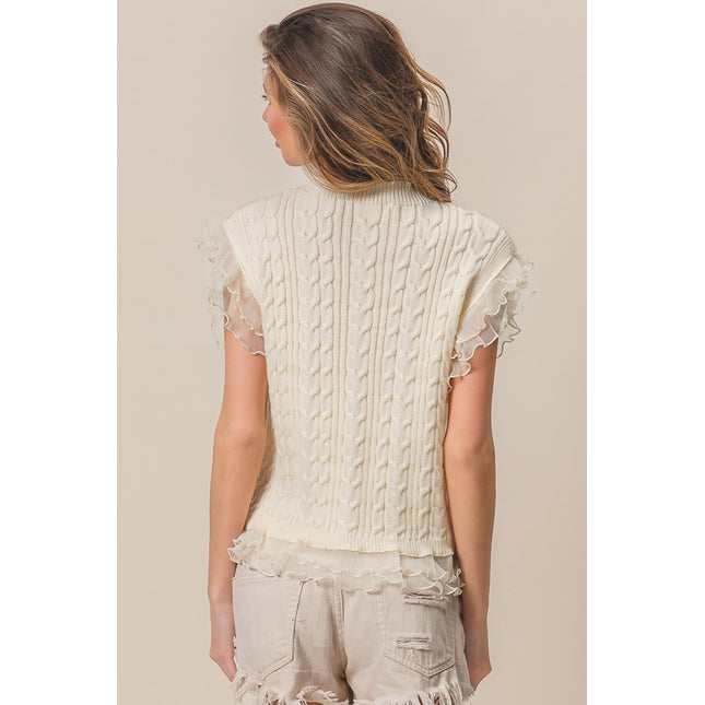 BiBi Layered Pleat Chiffon Edge Cable Knit Top