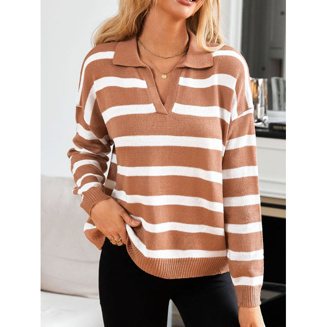 Many Striped Johnny Collar Long Sleeve Sweater