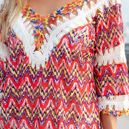 Fringe V-Neck Half Sleeve Cover-Up