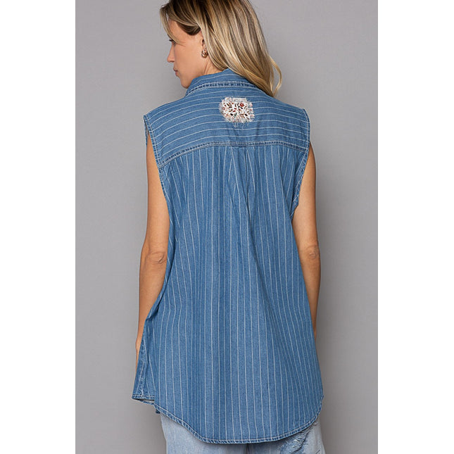 POL Button Down Sleeveless Striped Denim Shirt