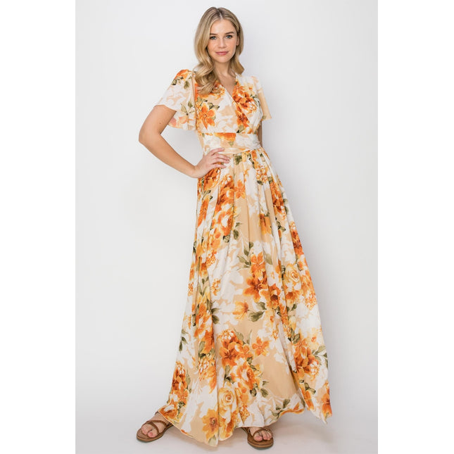 HYFVE Floral Tie Back Short Sleeve Slit Maxi Dress