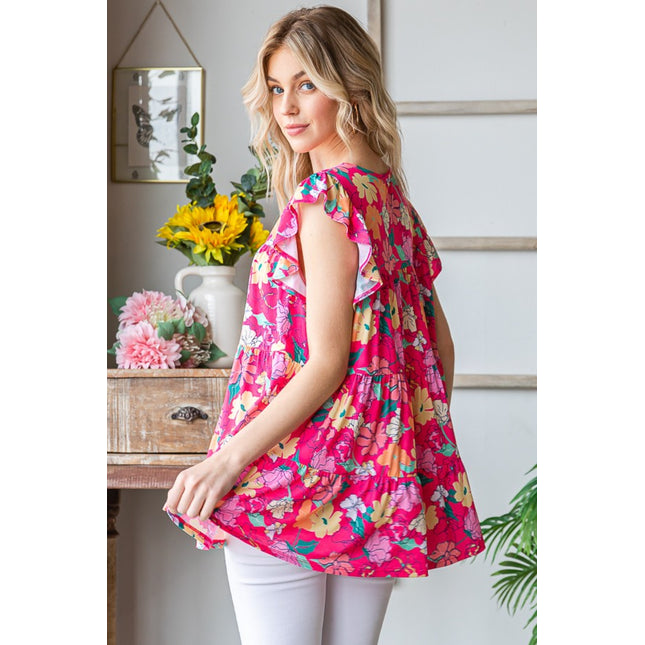 Heimish Full Size Floral Ruffle Sleeve Tiered Blouse