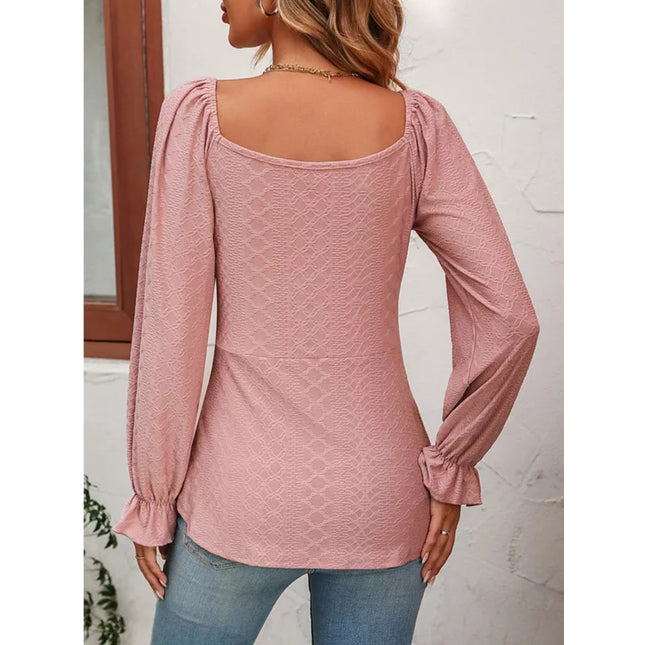 Full Size Drawstring Ruffled V-Neck Long Sleeve Blouse