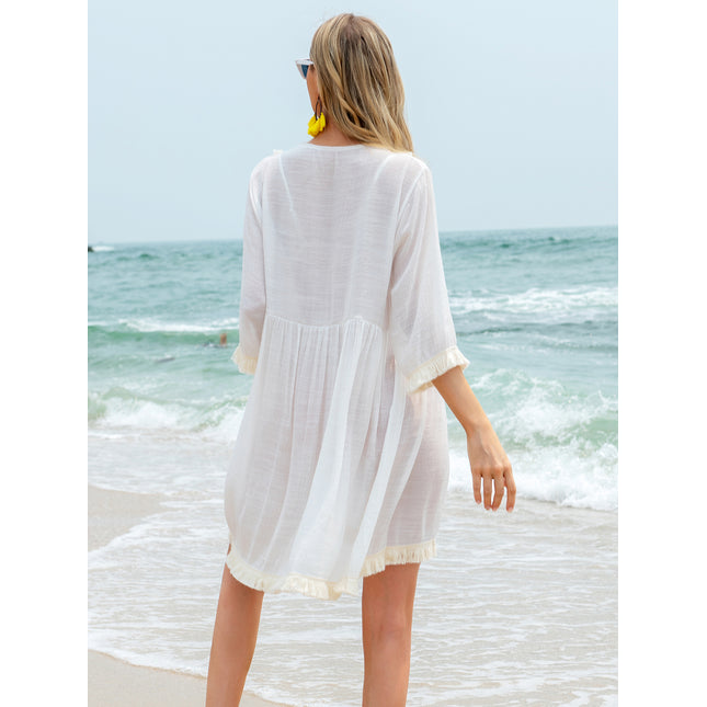 Tassel V-Neck Three-Quarter Sleeve Cover Up