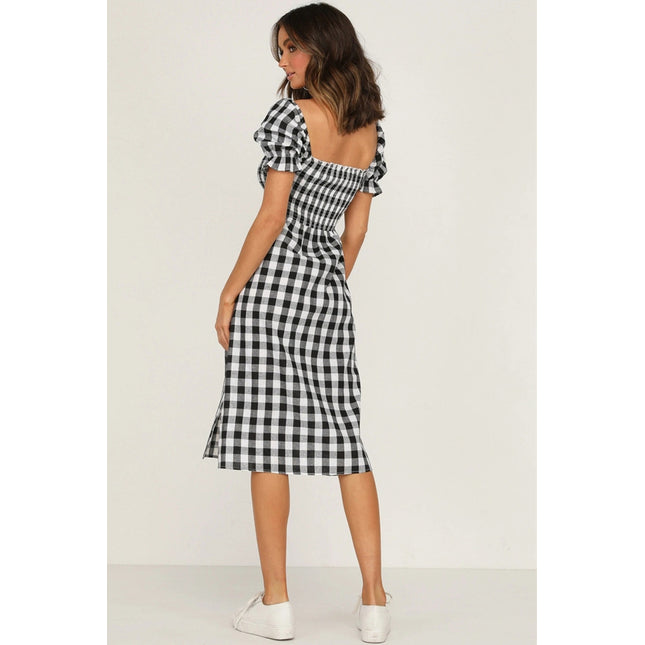 Full Size Slit Plaid Short Sleeve Midi Dress