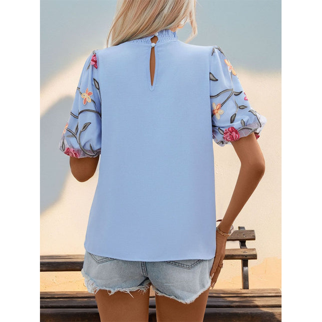 Embroidered Mock Neck Puff Sleeve Blouse