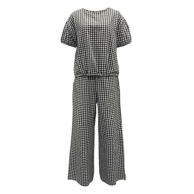 Full Size Plaid Round Neck Half Sleeve Top and Pants Set