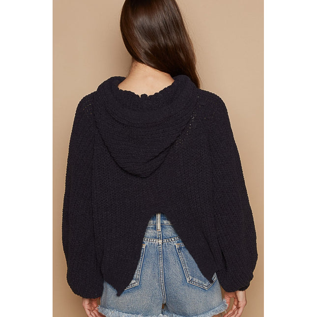 POL Back Open Slit Balloon Sleeve Crop Hooded Sweater