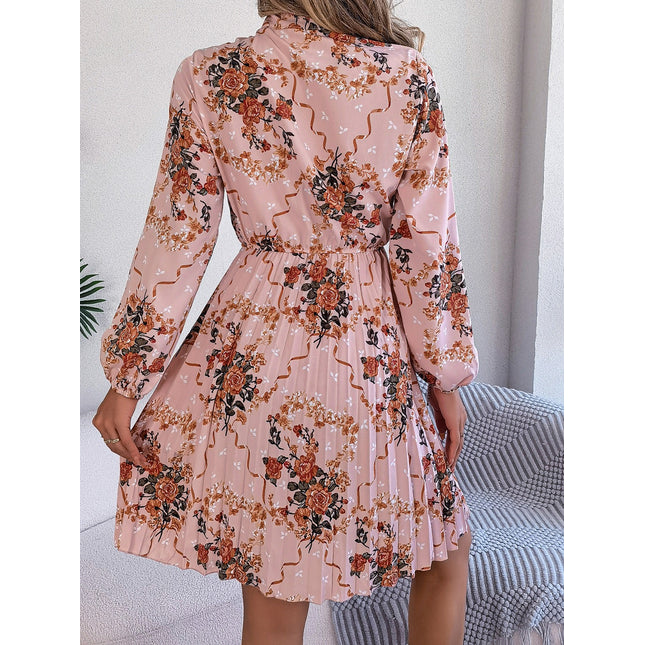 Pleated Printed Tie Neck Long Sleeve Dress