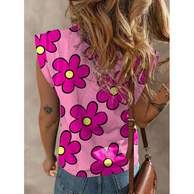 Flower Printed Round Neck Cap Sleeve Blouse