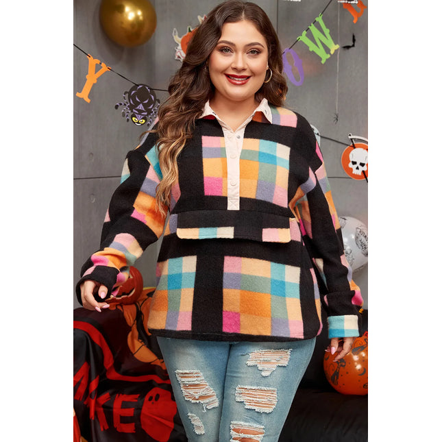 Plus Size Color Block Half Snap Long Sleeve Sweatshirt