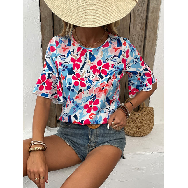 Printed Round Neck Flounce Sleeve Blouse