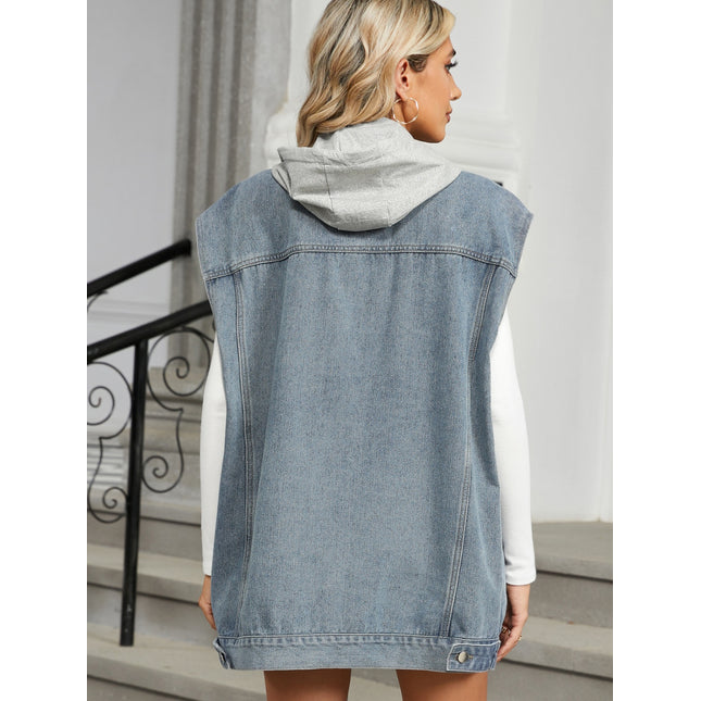 Removable Hood Button Up Cap Sleeve Denim Jacket