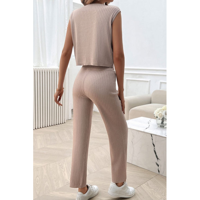 Ribbed Round Neck Top and Pants Set