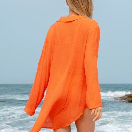 Pocketed Johnny Collar Long Sleeve Cover Up