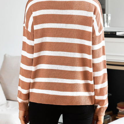 Many Striped Johnny Collar Long Sleeve Sweater