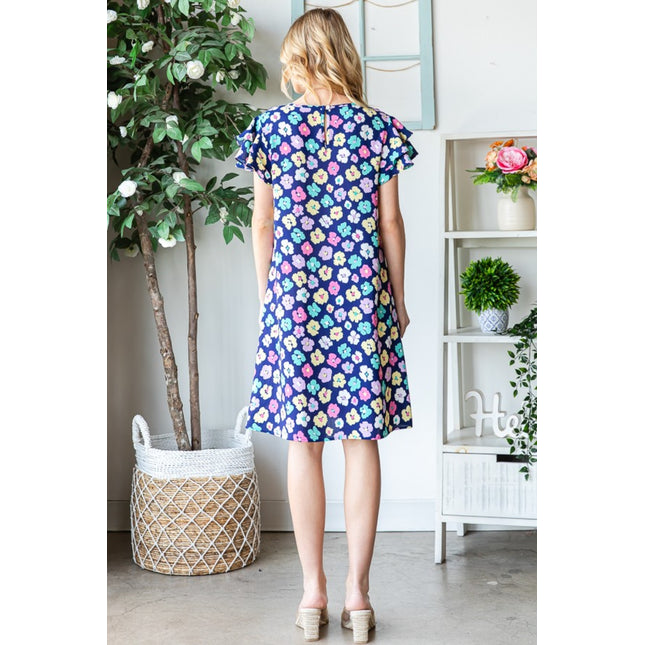 Heimish Full Size Floral Ruffled Short Sleeve Dress with Pockets