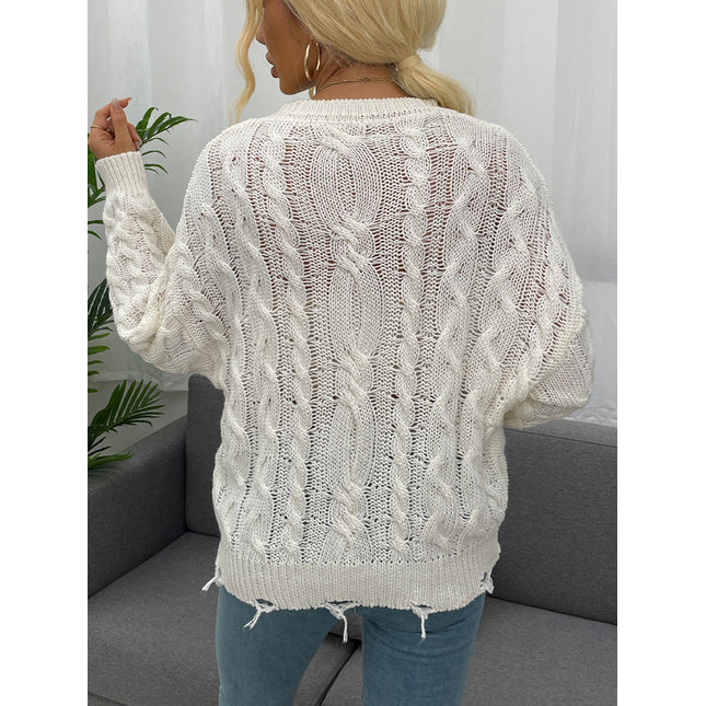 Shiny Openwork Distressed Long Sleeve Sweater