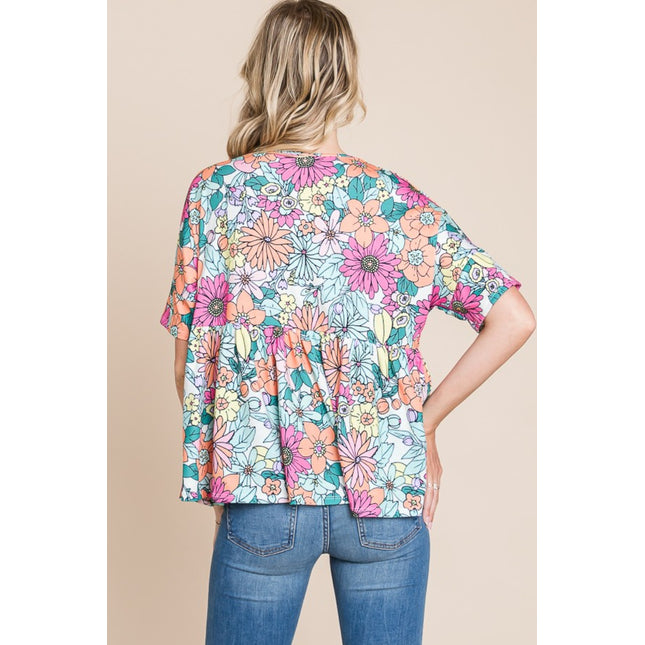 BOMBOM Floral Round Neck Short Sleeve Blouse