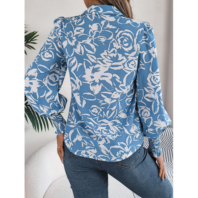 Printed Collared Neck Lantern Sleeve Shirt