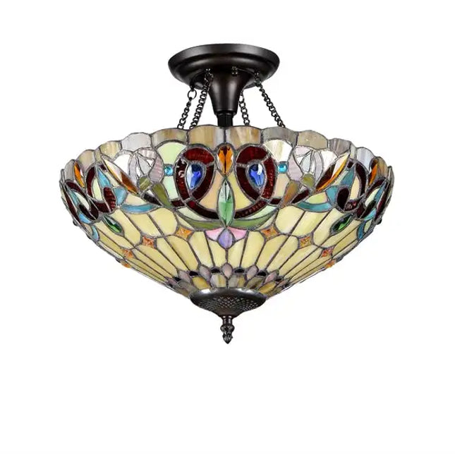 "SERENITY" Tiffany-style Victorian 2 Light Semi-flush Ceiling Fixture