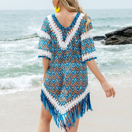 Fringe V-Neck Half Sleeve Cover-Up