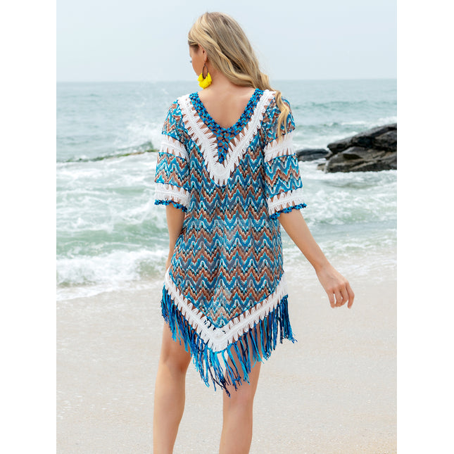 Fringe V-Neck Half Sleeve Cover-Up