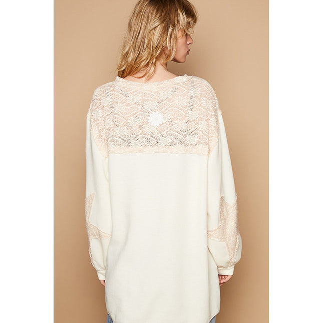 POL Round Neck Long Sleeve Crochet Patches Top