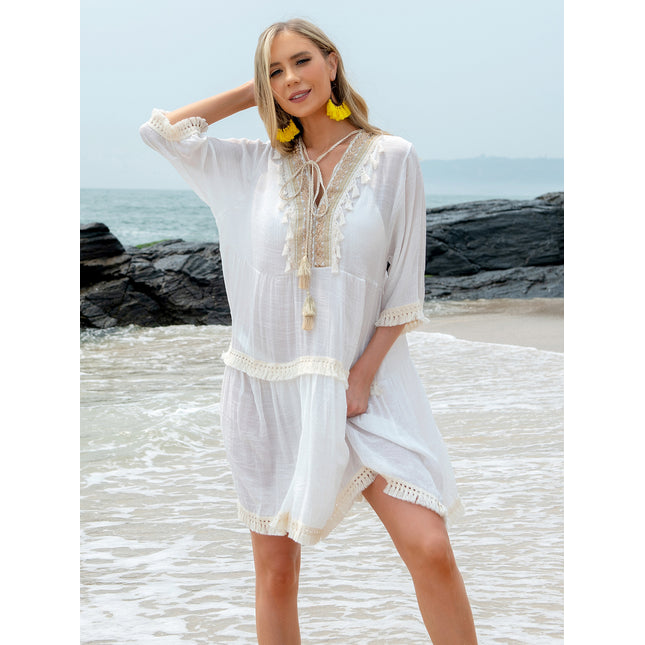 Tassel Lace Detail Half Sleeve Cover-Up Dress