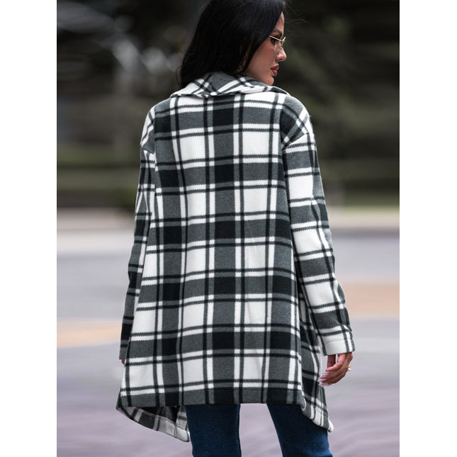 Shiny Plaid Shawl Collar Coat with Pockets