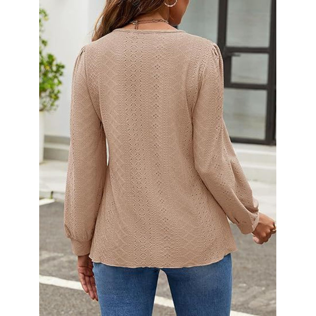 Eyelet Round Neck Long Sleeve Top