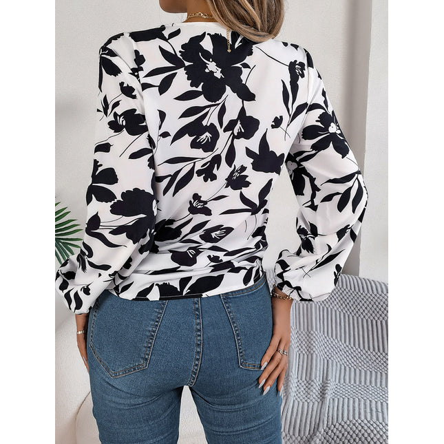 Printed V-Neck Long Sleeve Blouse