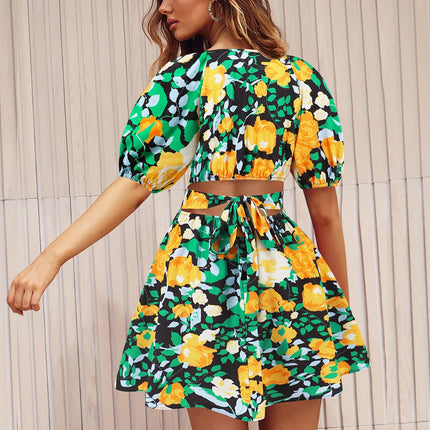 Printed Surplice Short Sleeve Dress