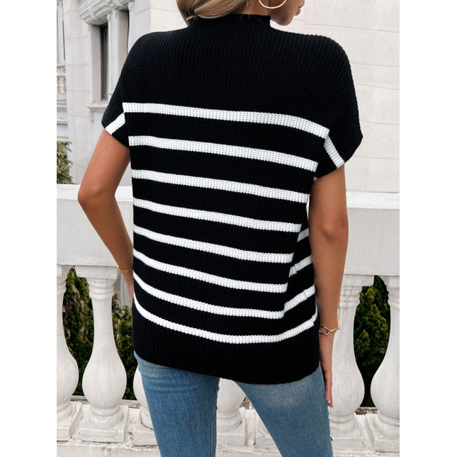 Striped Mock Neck Short Sleeve Sweater