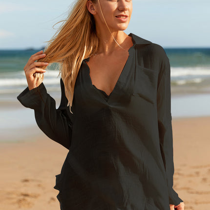 Pocketed Johnny Collar Long Sleeve Cover Up