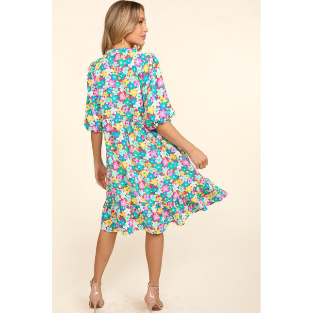 Haptics Bubble Sleeve Floral Ruffled Dress