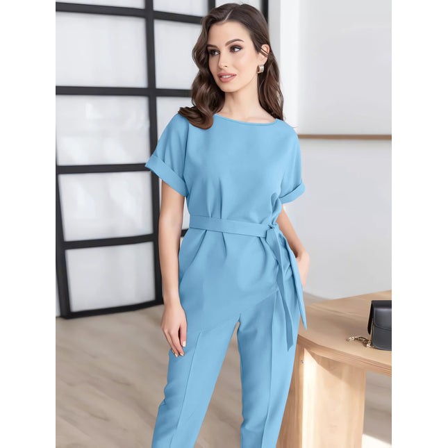 Round Neck Short Sleeve Top and Pants Set