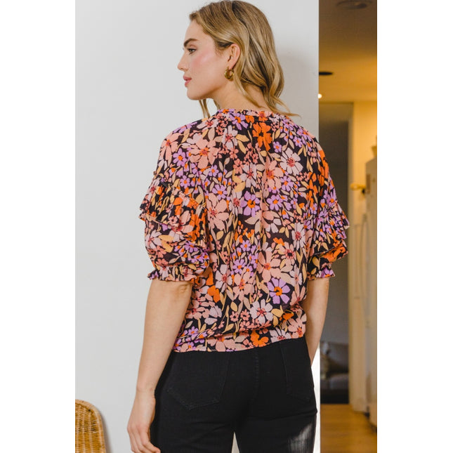 ODDI Full Size Floral Tie Neck Ruffled Blouse