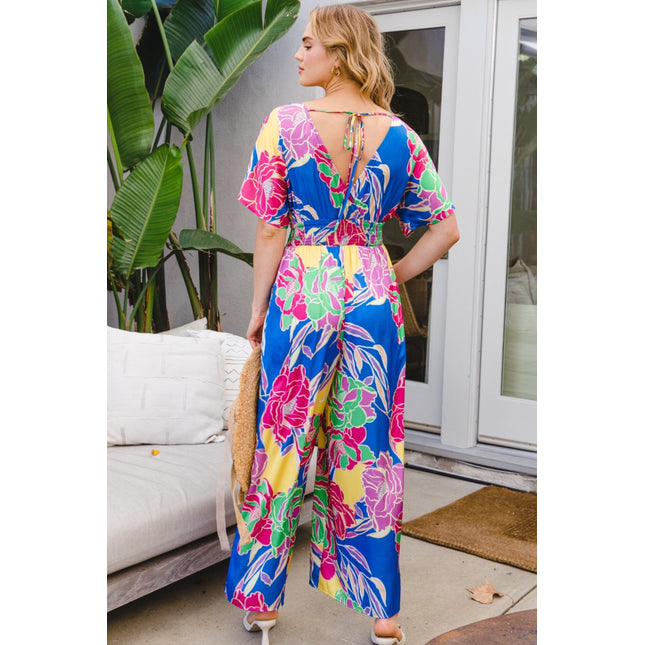 ODDI Full Size Floral Smocked Tied Back Jumpsuit