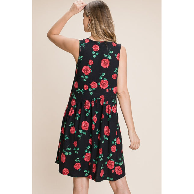 BOMBOM Floral Ruched Tank Dress