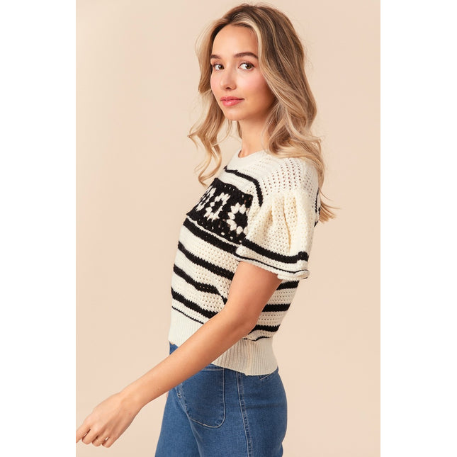 BiBi Granny Square Short Sleeve Striped Sweater