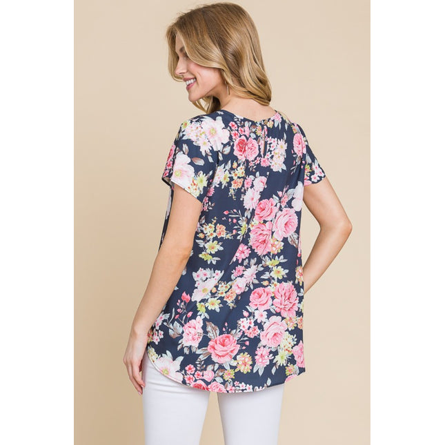 BOMBOM Floral Round Neck Short Sleeve T-Shirt