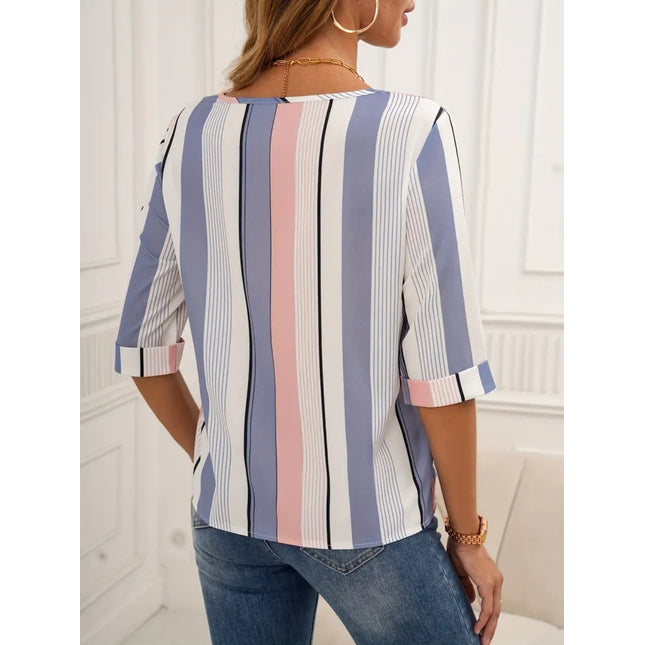 Full Size Contrast Stripes Round Neck Half Sleeve Blouse