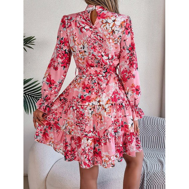 Printed Mock Neck Flounce Sleeve Mini Dress