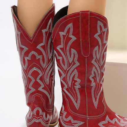 PU Leather Embroidered Geometric Point Toe Boots