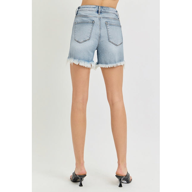 RISEN High Rise Side Step Hem Denim Shorts