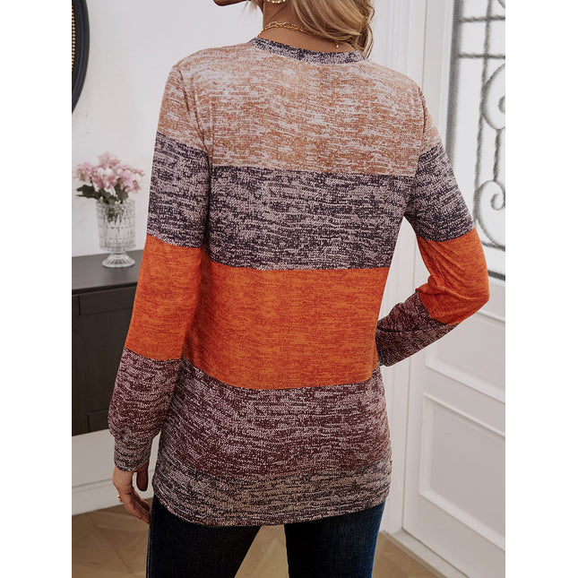 Decorative Button Contrast Round Neck Long Sleeve T-Shirt