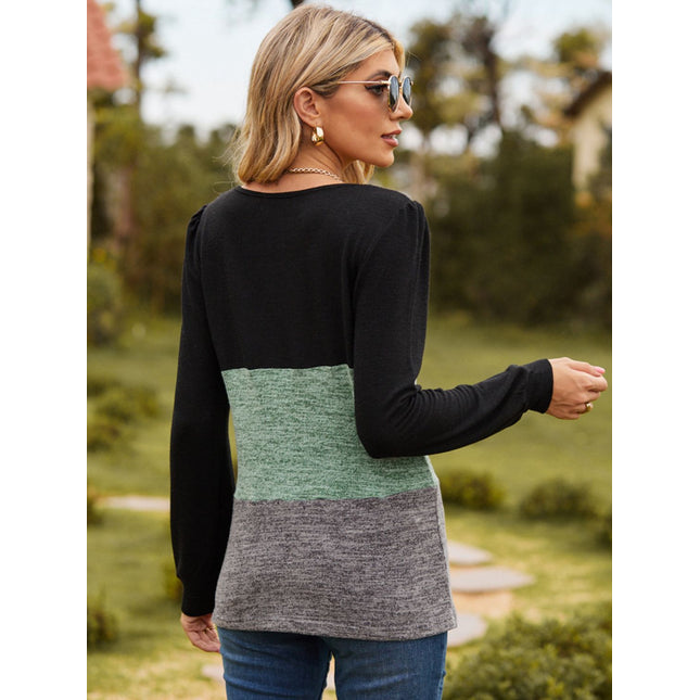 Color Block Square Neck Long Sleeve T-Shirt