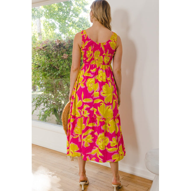 ODDI Full Size Floral Smocked Ruffled Midi Dress