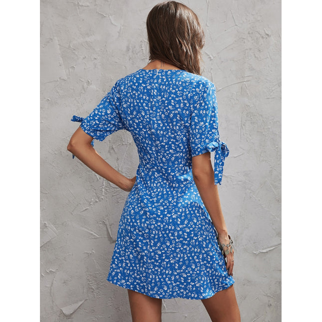 Honey Printed Surplice Short Sleeve Mini Dress